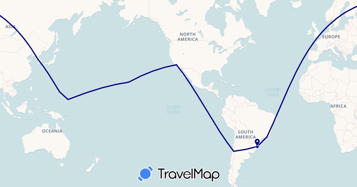 TravelMap itinerary: driving in Brazil, Chile, Micronesia, United Kingdom, South Korea, United States (Asia, Europe, North America, Oceania, South America)